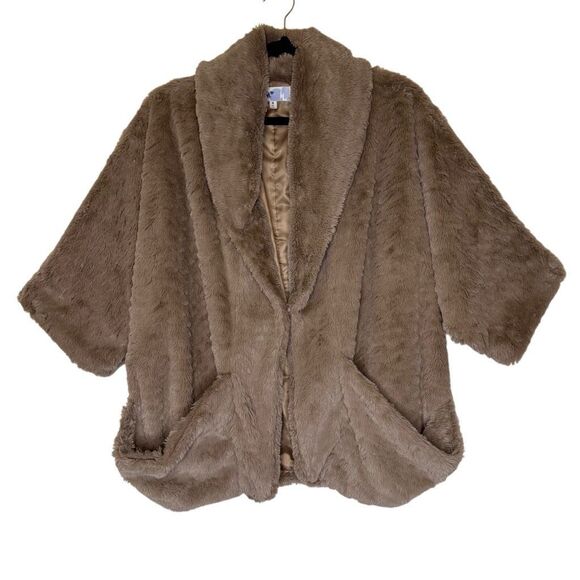 Jolt Rich Brown Faux Fur Shawl collar 3/4 Slv Jacket Sz M Old Money, Elegant - Picture 1 of 12